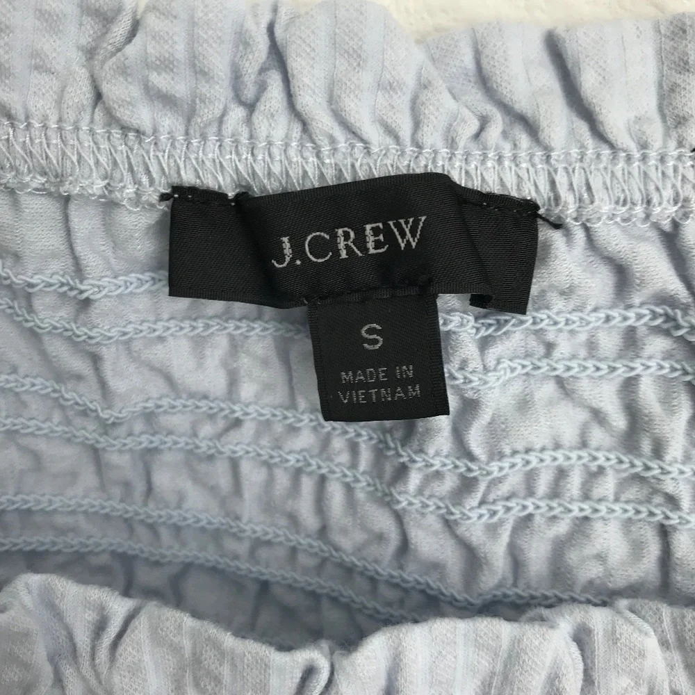 J Crew Seersucker Smocked Top Size S Puff Sleeve Square Neck Serene Blue